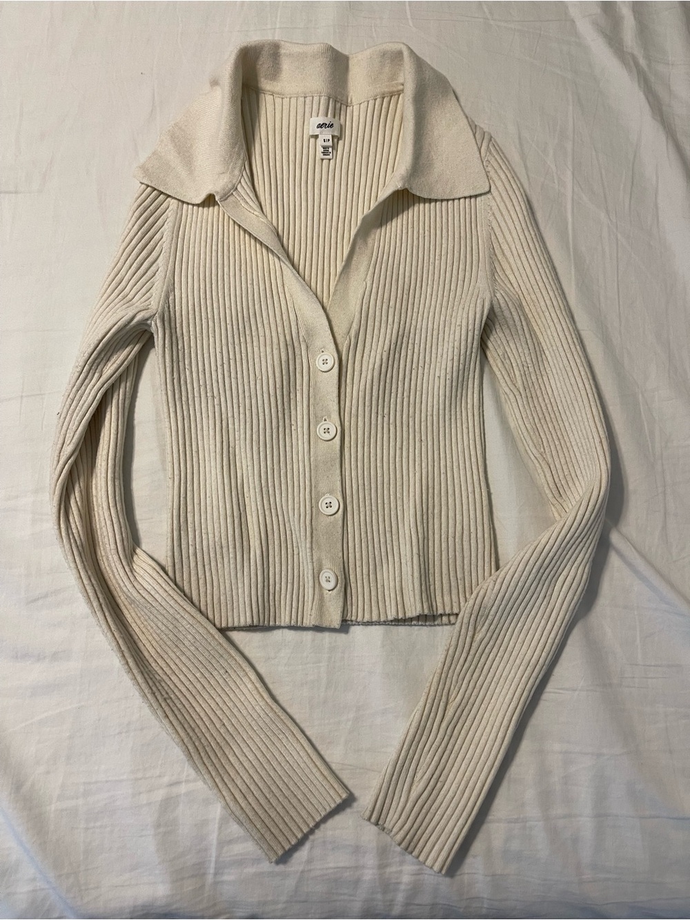 aerie Cream Ribbed Collared Button Cardigan